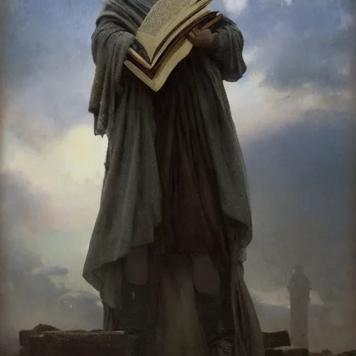 Image similar to half portait of jedi wearing a closed cowl and big old book! chained to the wrist, jeremy mann, jean - leon gerome, tiepolo, alphonse mucha, greg rutkowski, face in the shadows, ( ( ruins of ancient rome ) ), at dusk, mysterious atmosphere, sunrays, dof, high detailed, 8 k