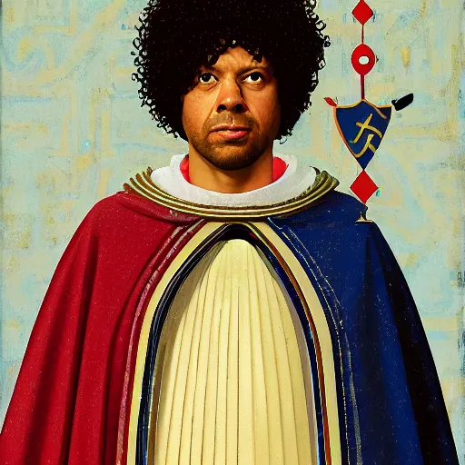 Image similar to portrait of Richard Ayoade as a medieval Byzantine exarch, by Angus McBride, Gentile Bellini, Piero della Francesca, and Annie Leibovitz. HD face portrait.