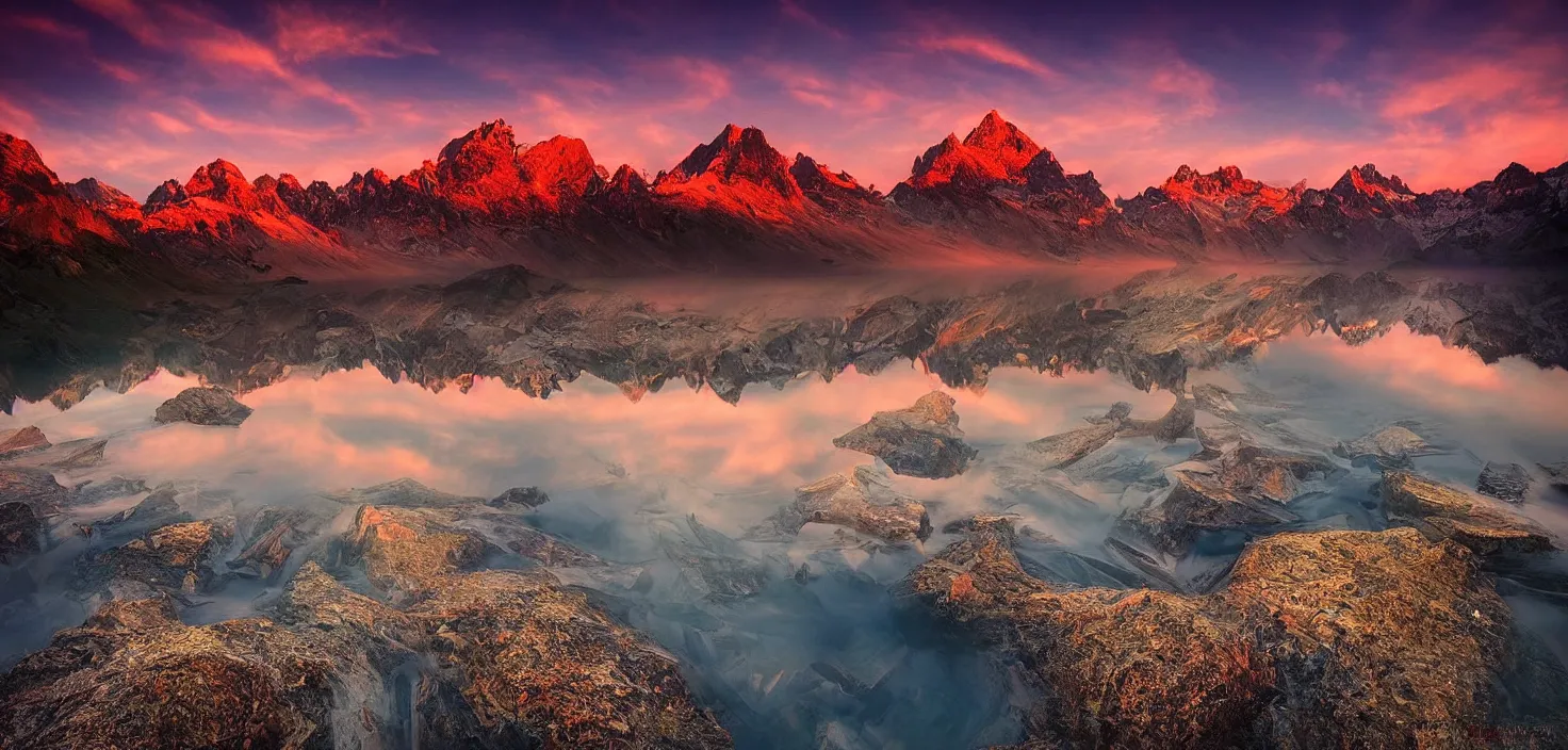 Image similar to amazing landscape photo of mountains with lake in sunset by marc adamus, beautiful dramatic lighting