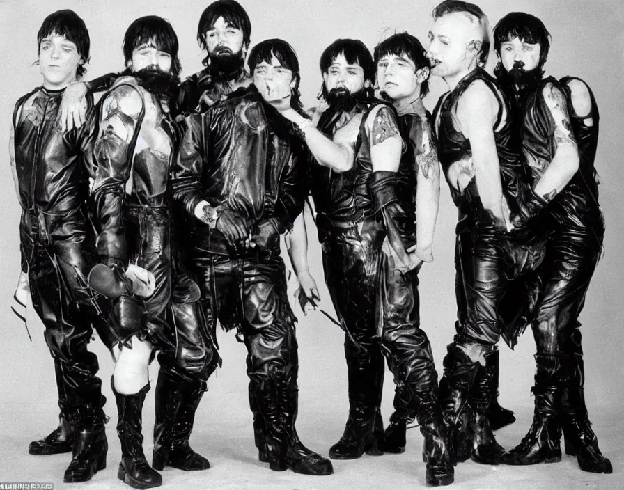 Prompt: dwarf boyband wearing wet leather, 1 9 8 0 surrealism aesthetic, detailed facial expressions