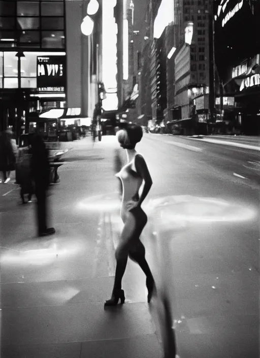 Prompt: analog film photography of a woman, hourglass figure, on madison avenue, new york city 1 9 6 3. by robert frank. life magazine, marquee lights glow in the background. ilford hp 4 0 0 iso, nikon ltm lens 3 5 mm lens, leica iii, symmetrical balance, in - frame