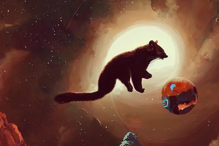 Image similar to giant pine marten in space holding a planet, digital art, trending on artstation, highly detailed, by Greg Rutkowski, by Conrad Roset, by Dan Mumford