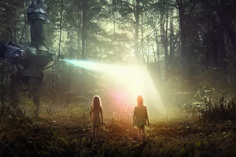 Image similar to the great beyond, sci - fi scene future new york, little girl holding a hand of a big robot, forest punk, crepuscular rays, epic scene, hyper realistic, photo realistic, overgrowth, cinematic atmosphere, ethereal lighting