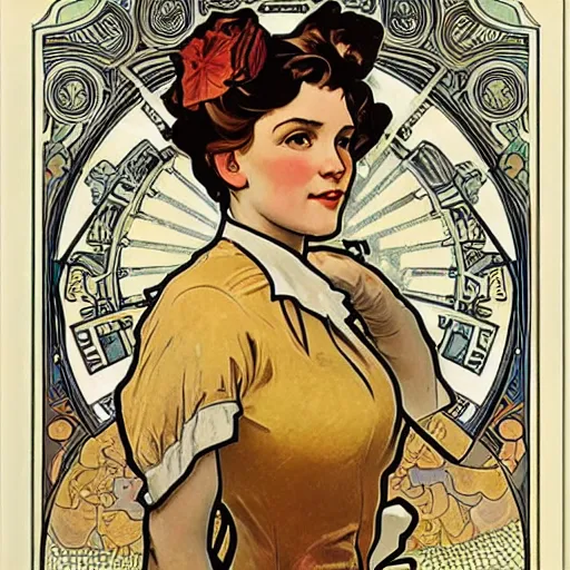 Image similar to a portrait of Rosie the riveter by Alphonse Mucha, intricate details, art nouveau card, 8k