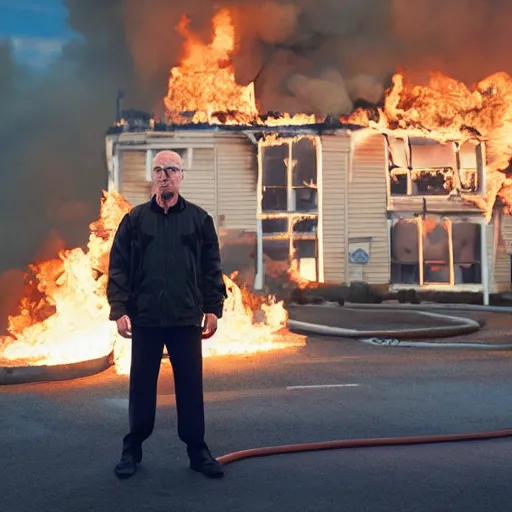 Image similar to a photo of walter white standing in front of a building on fire, highly detailed, 4 k