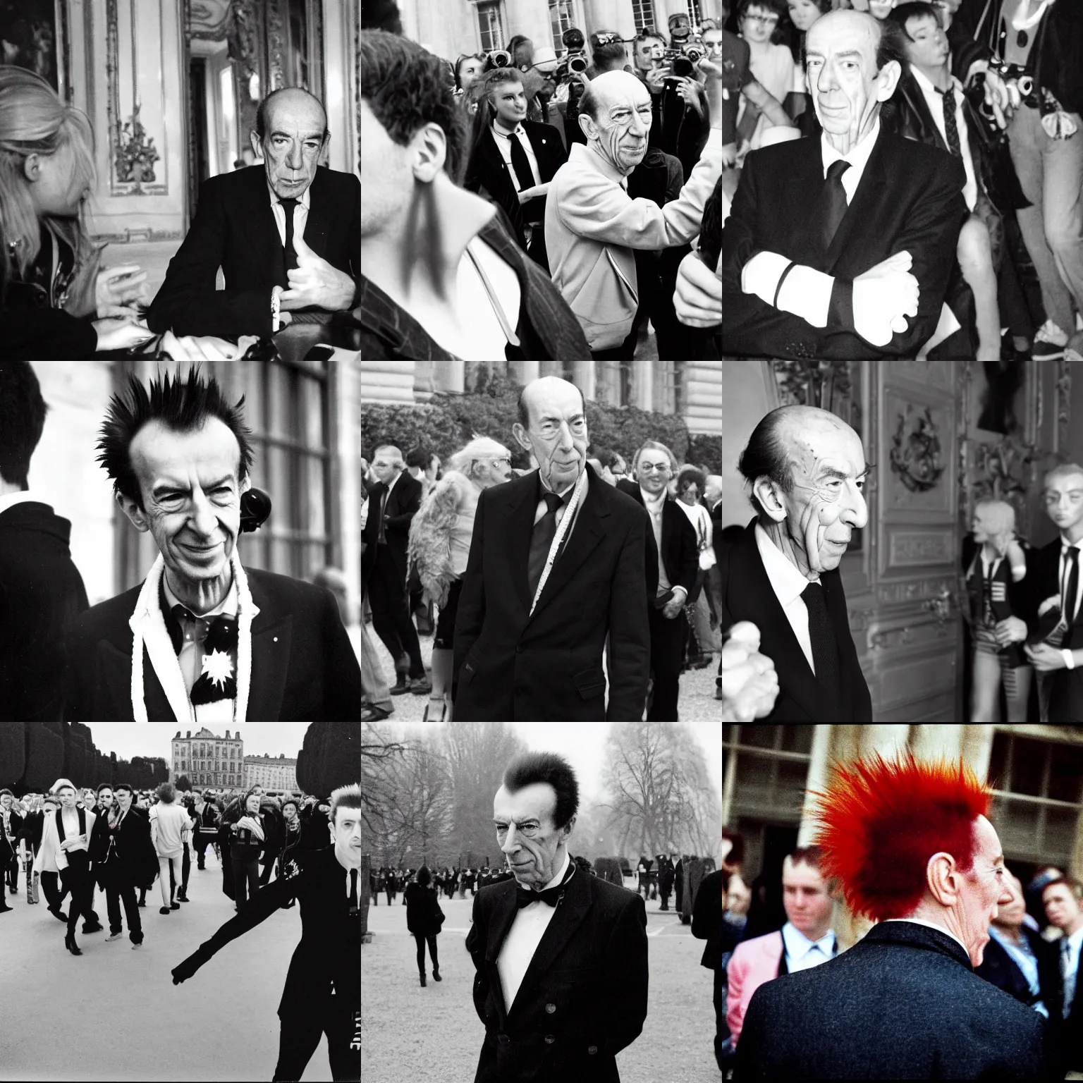 Prompt: Paparazzi photography of Valéry Giscard d'Estaing dressed as a punk teenager, mohawk red hair, in the Elysée palace. 35mm photo, perfect focus, wide lens shot