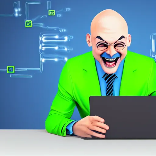 Image similar to Funny Realistic Bald Man is laughing wearing a blue suit and has a pyramidal mustache while hacking into a computer with his golden retriever, neon green glow background, hands fast typing on keyboard, matrix code background