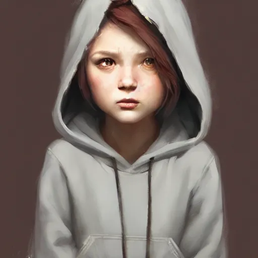 Image similar to a tiny girl with short red hair wearing a hoodie, digital art, cute face, very beautiful face, pretty face, very detailed eyes, full body illustration, 8 k resolution, soft painting, by greg rutkowski, wlop, rossdraws,