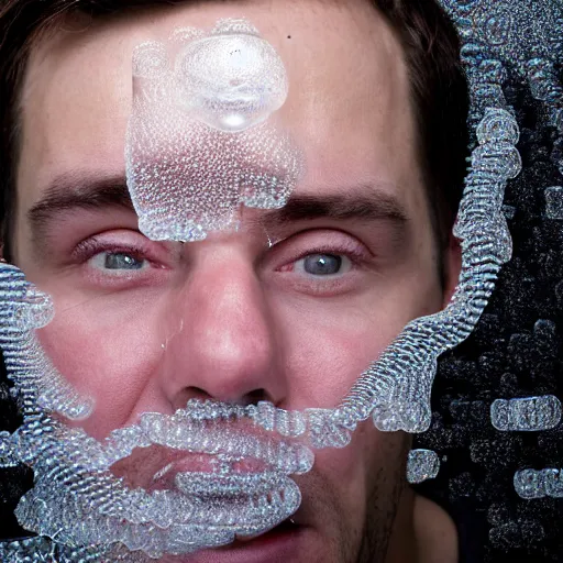 Image similar to portrait of a man who's face is made of bubble wrap plastic, he looks terrified