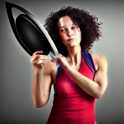 Image similar to a woman warrior holding a frying pan. high definition. hyper realistic. digital art