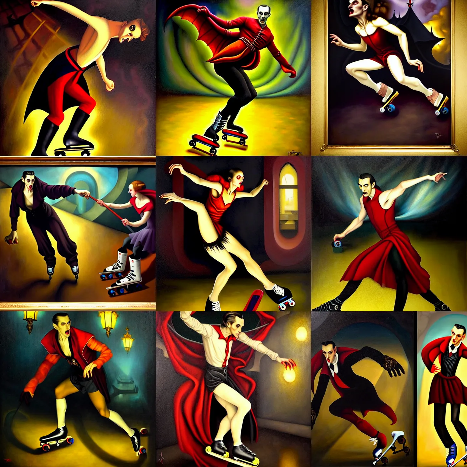 Image similar to dynamic composition, a painting of dracula the vampire skating on roller skates in a medieval roller rink, a surrealist painting by tom bagshaw and jacek yerga and tamara de lempicka and jesse king, featured on cgsociety, pop surrealism, surrealist, dramatic lighting, wiccan, full body portrait, pre - raphaelite, ornate gilded details