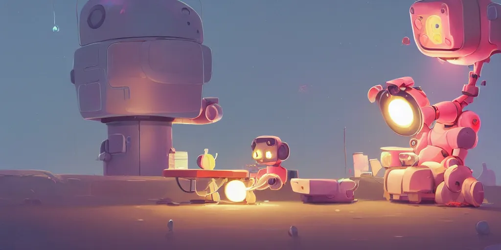 Prompt: cute cartoon robot baking a giant cake at night by Goro Fujita and Simon Stalenhag , 8k, trending on artstation, hyper detailed, cinematic