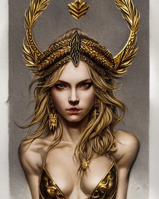 Image similar to tattoo sketch of hot blonde super model as aphrodite greek goddess wearing a gold laurel wreath and triangle earrings, beautiful piercing gaze with sharp pupils, in the style of greg rutkowski, fantasy, amazing detail, epic, elegant, smooth, sharp focus, front view