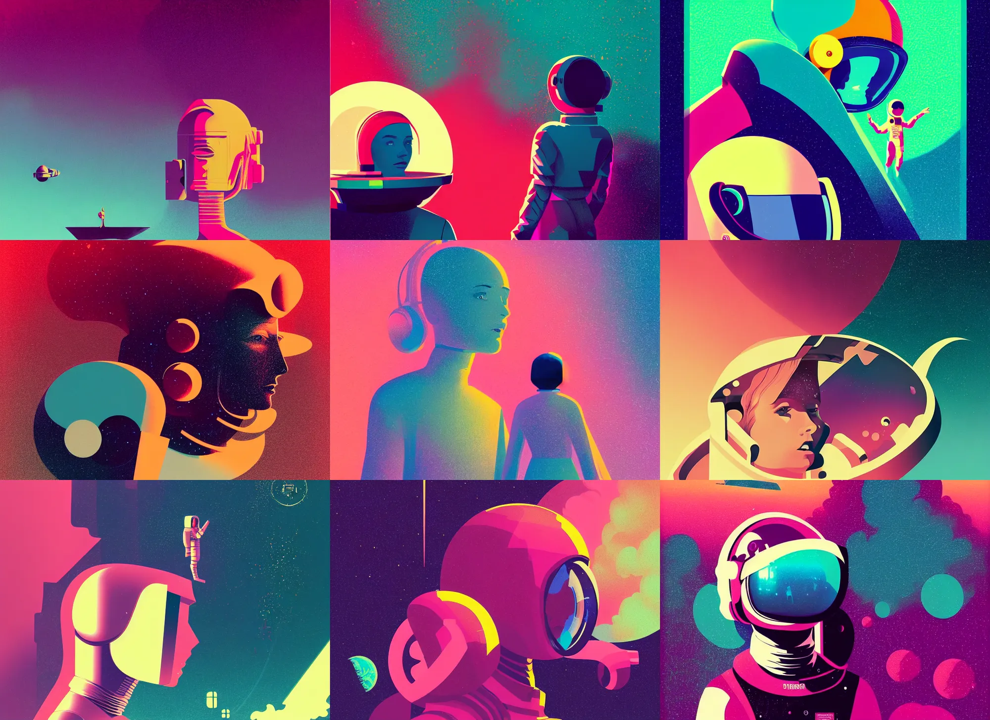 Prompt: ( ( strong dither ) ), editorial illustration of a young astronaut girl, colorful, modern art deco, mads berg, christopher balaskas, victo ngai, strong texture, dynamic composition, detailed, dramatic lighting, matte print, dynamic perspective, muted color, lomography, muted colors, halftone, risograph