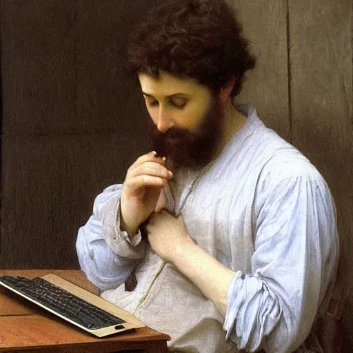 Image similar to an oil painting of an man playing a laptop, by Bouguereau, highly detailed and intricate,