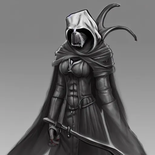 Image similar to female plague doctor donning a black hood, steel armor and a white crow mask, trending on artstation