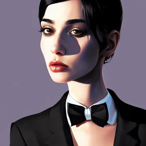 Image similar to slim girl in tuxedo with short black hair, elegant, 2d, ultra highly detailed, digital painting, smooth, sharp focus, artstation, portrait art by Ilya Kuvshinov