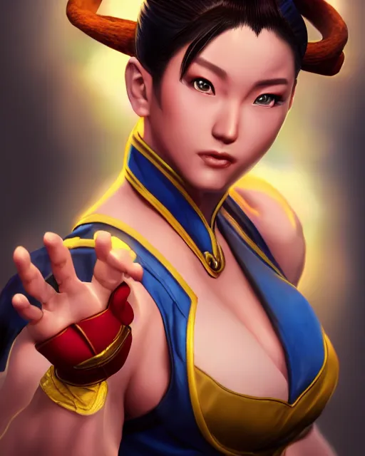 Prompt: Beautiful portrait of Chun-Li from Street Fighter 2. Trending on artstation. Digital render by Yury Kantsevich.