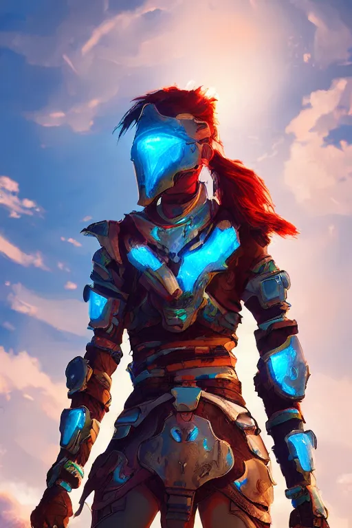 Image similar to combination suit armor aloy horizon forbidden west horizon zero dawn radiating a glowing aura global illumination ray tracing hdr fanart arstation by ian pesty and alena aenami artworks in 4 k tribal robot ninja mask helmet backpack