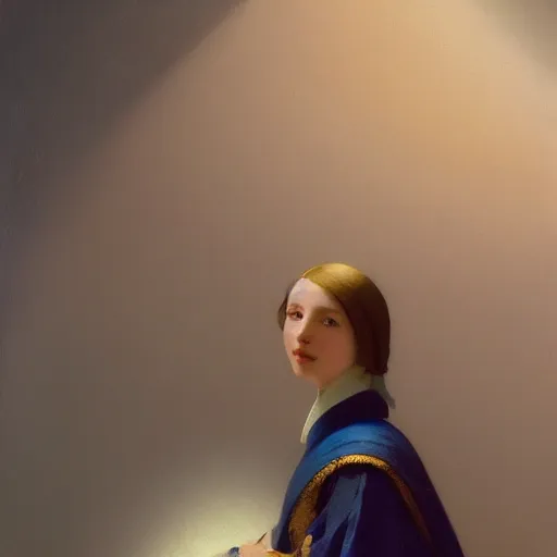 Image similar to a young woman's face, her hair is white and she wears a cobalt blue satin cloak, by ivan aivazovsky and syd mead and moebius and gaston bussiere and roger dean and pieter claesz and paul delaroche and alma tadema and aelbert cuyp and vermeer, hyperrealistic, volumetric light, octane render
