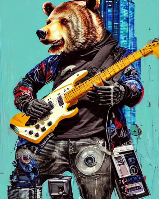 Image similar to a portrait of an anthropomorphic cyberpunk bear shredding an electric guitar by sandra chevrier, by jon foster, detailed render, tape deck, epic composition, cybernetics, 4 k realistic, cryengine, realistic shaded lighting, sharp focus, masterpiece, by enki bilal