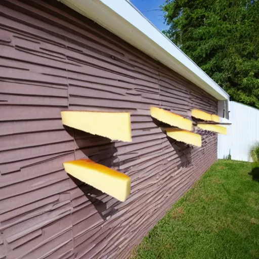 Image similar to the exterior of a suburban home, made of cheese, a wall of cheese