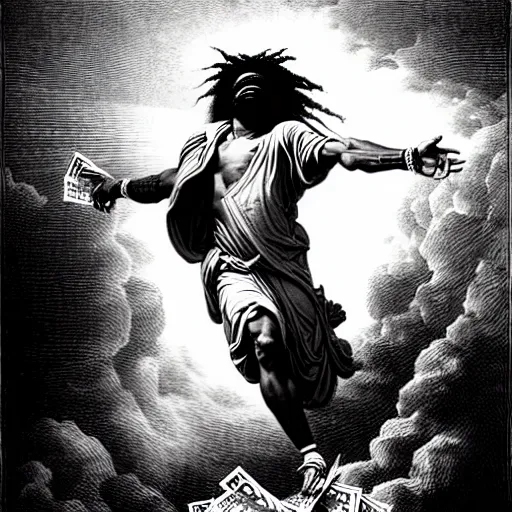 Image similar to cheef keef ascending into heaven holding stacks of cash, biblical image, style of gustave dore, highly detailed, beautiful, high contrast, black and white