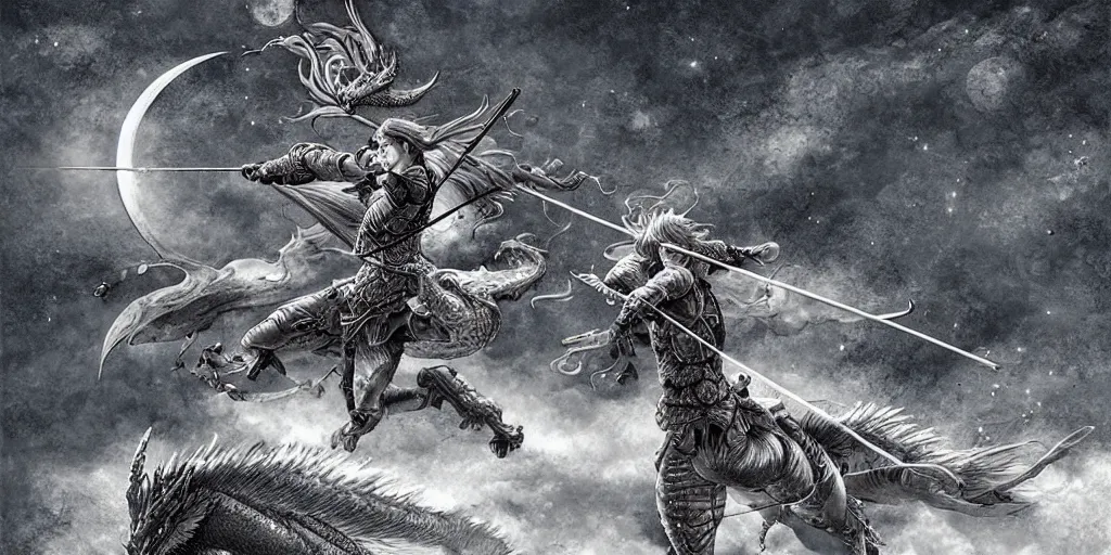 Image similar to korean archer shooting a dragon. the moon is in the sky. there is a river. dark fantasy. high resolution. detailed. digital art. kentaro miura.