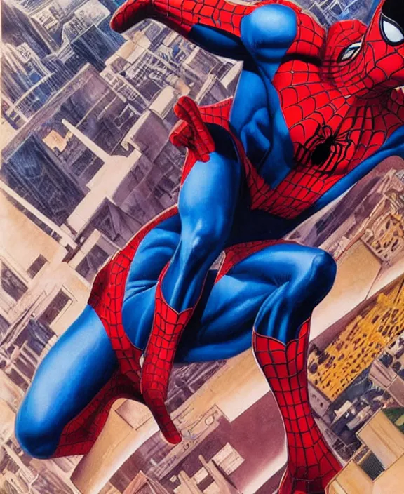 Image similar to an epic, full body shot of spider - man, art by alex ross