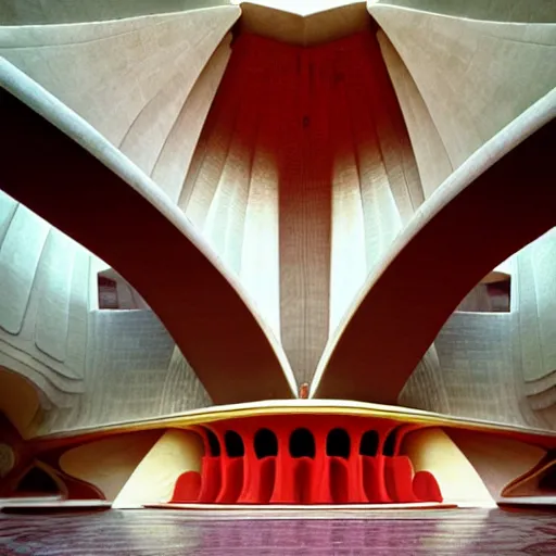 Image similar to interior of a futuristic lotus temple with gold, red and white marble panels, in the desert, by buckminster fuller and syd mead, intricate contemporary architecture, photo journalism, photography, cinematic, national geographic photoshoot