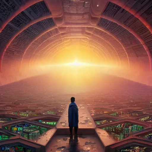 Prompt: a breathtaking 8 k resolution matte painting of a black boy wearing neon robes inside a vast and endless four dimensional solarpunk library a the end of the galaxy, detailed face, timbuktu, in a symbolic and meaningful style, by m. c. escher and greg rutkowski and evgeni gordiets, radiant lighting, concept art, retrowave