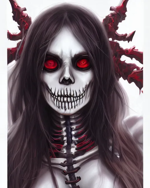 Image similar to A realistic anime portrait of a beautiful skeleton woman with glowing red eyes wearing clothes made of skulls, digital painting, by Stanley Artgerm Lau, Sakimichan, WLOP and Rossdraws, digtial painting, trending on ArtStation, SFW version