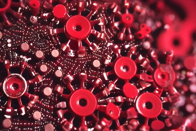 Prompt: a thin layer of translucent dark red film covering cluster of human skin cells made from tiny gears and machine parts, hyper realistic