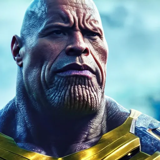 Prompt: dwayne johnson as thanos, photorealistic, cinematic shot