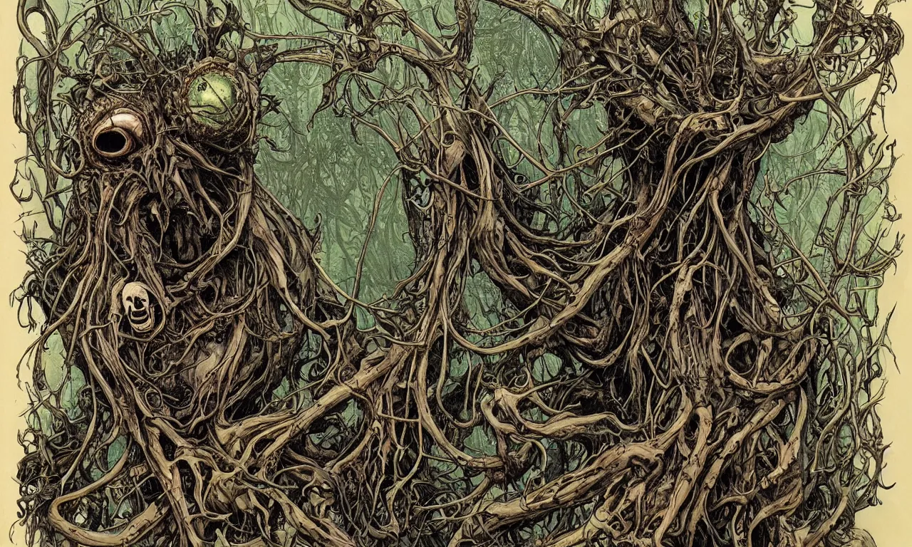 Image similar to hyperdetailed art nouveau portrait of treebeard as a cthulhu eyeball skull wendigo cryptid, by geof darrow, simon bisley and bill sienkiewicz, grim yet sparkling atmosphere, photorealism, claws, skeleton, antlers, fangs, forest, wild, crazy, horror, lynn varley, lovern kindzierski, steve oliff