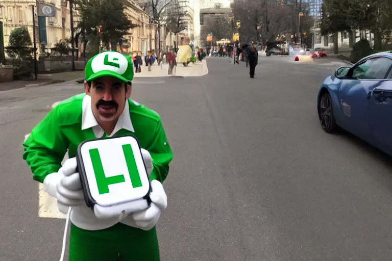 Image similar to real life luigi holding an iphone