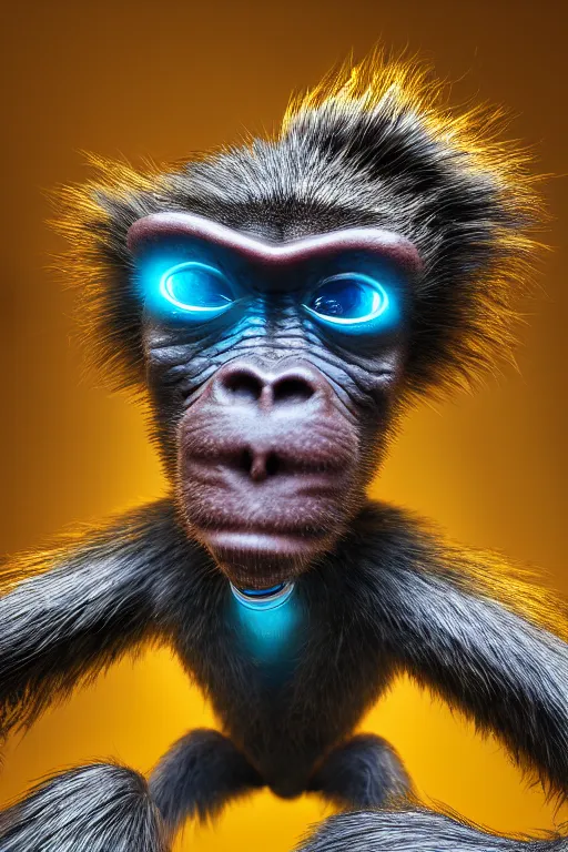 Image similar to Photography of ultra mega super hyper realistic detailed monkey in cyberpunk suit with many details by Hiromasa Ogura . Photo made from 30 meters distance on Leica Q2 Camera, Rendered in VRAY and DaVinci Resolve and MAXWELL and LUMION 3D, Volumetric cyan gold natural light