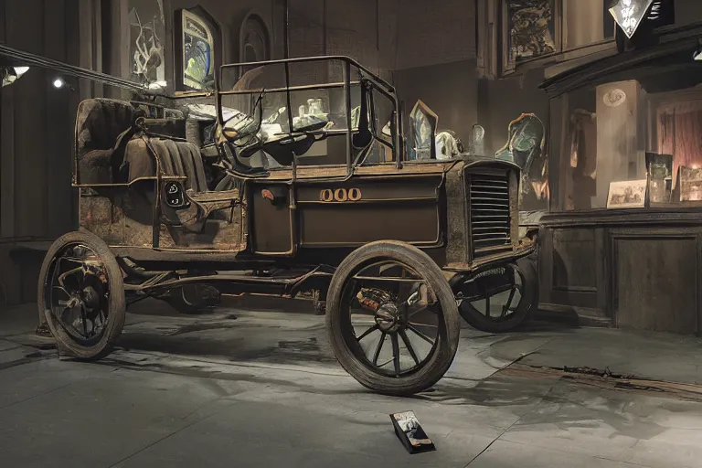 Image similar to cyberpunk 1 9 0 8 model ford t, volumetric lighting, in a museum, museum exhibit, museum lighting, 9 0 s film photo