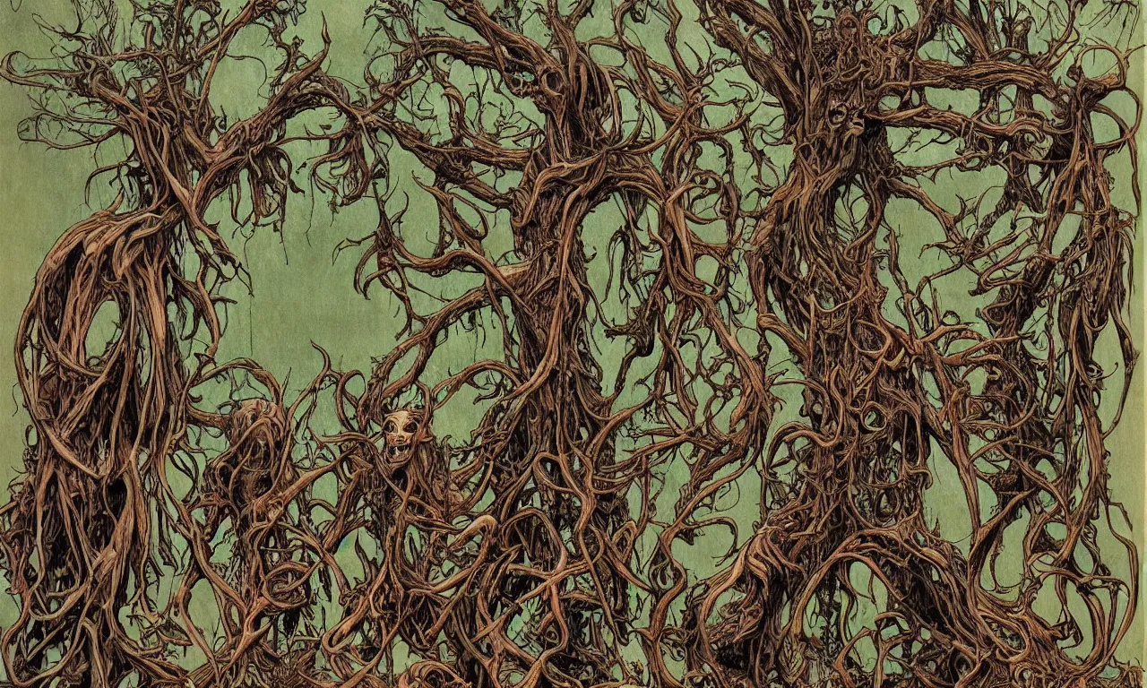 Image similar to hyperdetailed art nouveau portrait of treebeard and old groot as a cthulhu eyeball moose skull wendigo swamp thing creatures, by michael kaluta, pushead and bill sienkiewicz, photorealism, claws, skeleton, antlers, fangs, forest, wild, bizarre, scary, lynn varley, lovern kindzierski, steve oliff