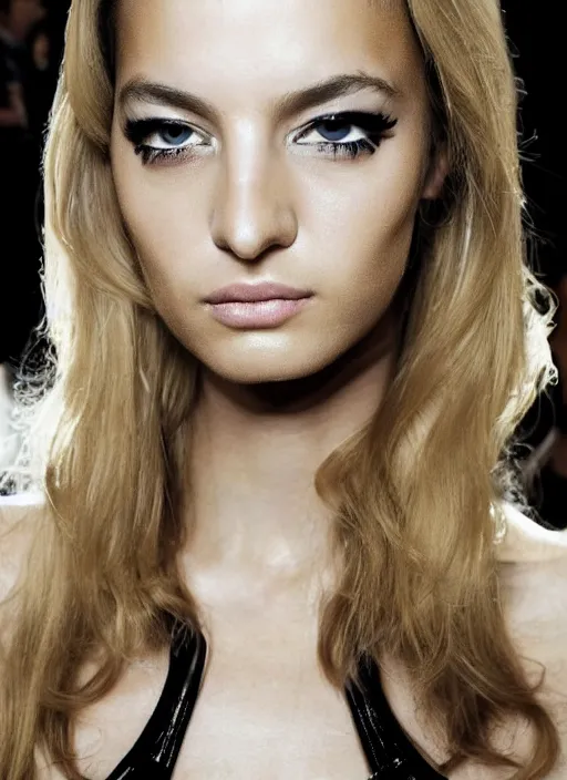 Prompt: a beautiful portrait of young flavia lucini as femme fatale as a versace fashion model spring / summer 2 0 1 2, highly detailed, in the style of cinematic, getty images, milan fashion week backstage, makeup by pat mcgrath, greg rutkowski