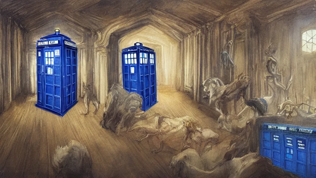 Image similar to an oil painting in the style of alan lee depicting the inside of the tardis