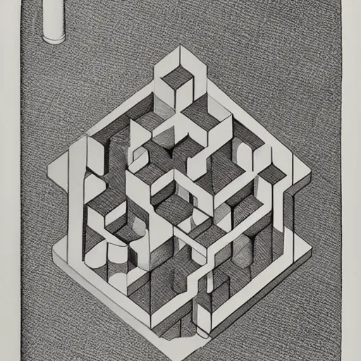 Prompt: geometrically obsessed, etching by Maurits Cornelis Escher, highly detailed