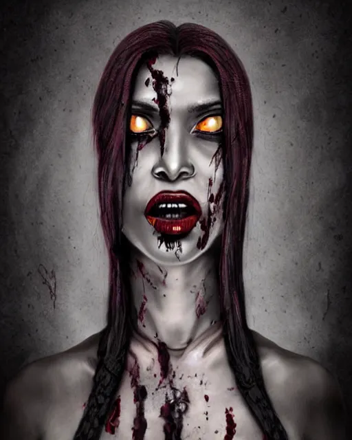 Prompt: beautiful ancient african androgynous demonic vampire girl, portrait, hyperrealistic, bloodstains