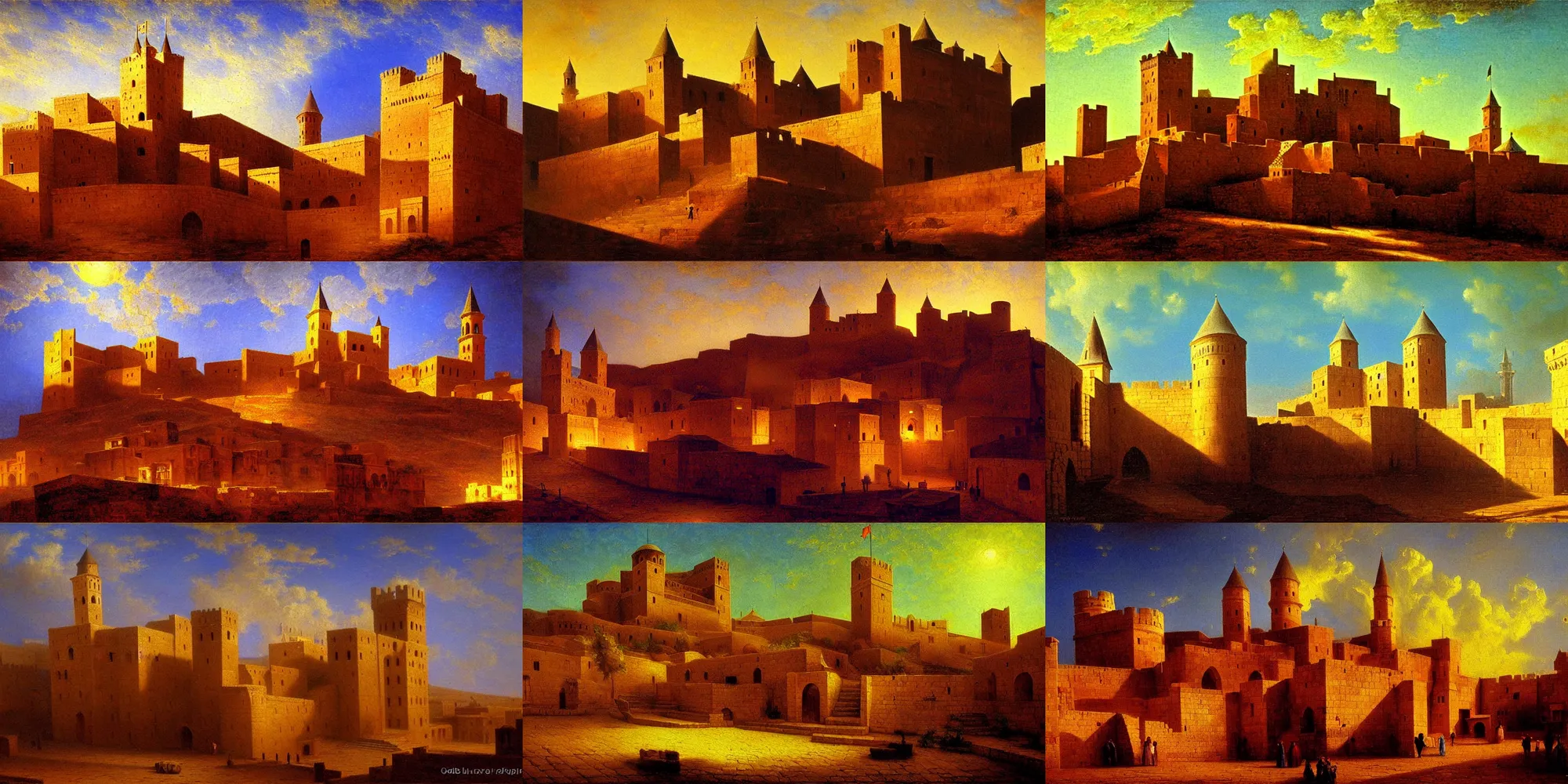 Prompt: mardin old town castle, oil painting, volumetric lighting, albert bierstadt