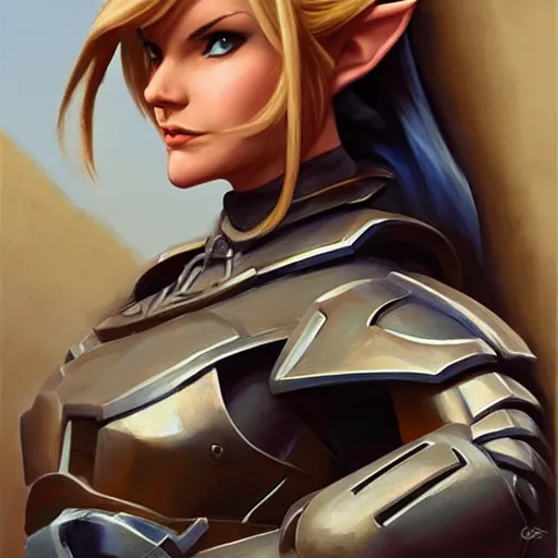 Image similar to greg manchess portrait painting of partially armored female link from legend of zelda as overwatch character, medium shot, asymmetrical, profile picture, organic painting, sunny day, matte painting, bold shapes, hard edges, street art, trending on artstation, by huang guangjian and gil elvgren and sachin teng