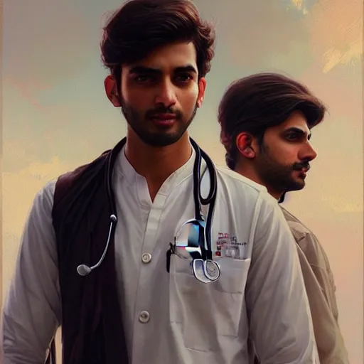 Image similar to Anxious good looking pale young Indian doctors wearing American clothes at the airport, portrait, elegant, intricate, digital painting, artstation, concept art, smooth, sharp focus, illustration, art by artgerm and greg rutkowski and alphonse mucha