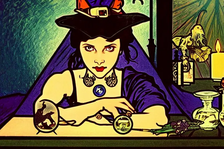 Prompt: close up portrait, dramatic lighting, concentration, calm confident teen witch and her cat, tarot cards displayed on the table in front of her, sage smoke, magic wand, a witch hat and cape, apothecary shelves in the background, alphonse mucha
