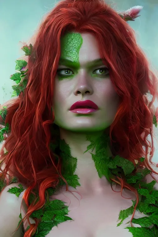 Image similar to Portrait of Behati Prinsloo as Poison Ivy making a duck face, in Batman movie still cinematic, artstation, Greg rutkowski, UHD 8K