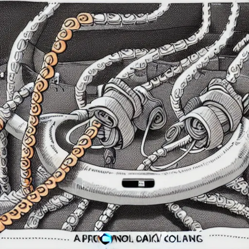 Image similar to detailed, intricate, colour, comic style illustration of a robotic hydra with jack cable tentacles, inside a huge cave made of pro audio equipment