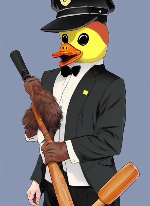 Image similar to commissioned full body portrait of a male anthro duck fursona with a duck head wearing a nice black suit and a fedora holding a baseball bat sitting on the hood of a police patrol car in a baseball stadium, by a professional manga illustrator, Stanley Artgerm Lau, WLOP, Rossdraws, James Jean, Andrei Riabovitchev, Marc Simonetti, and Sakimichan, trending on artstation